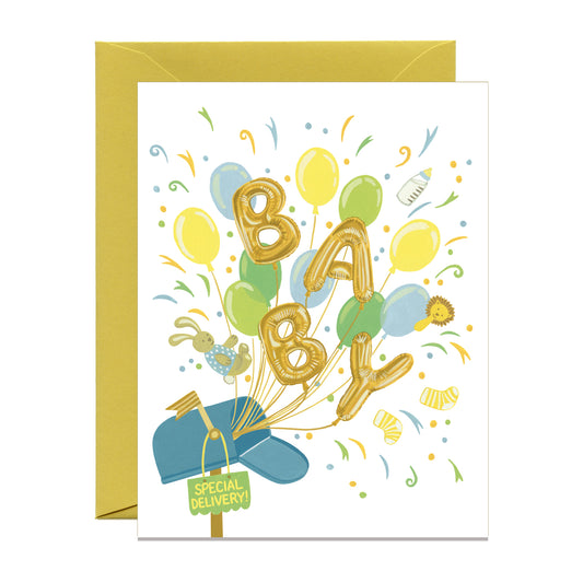 SPECIAL DELIVERY GOLD FOIL BALLOONS - NEW BABY GREETING CARD