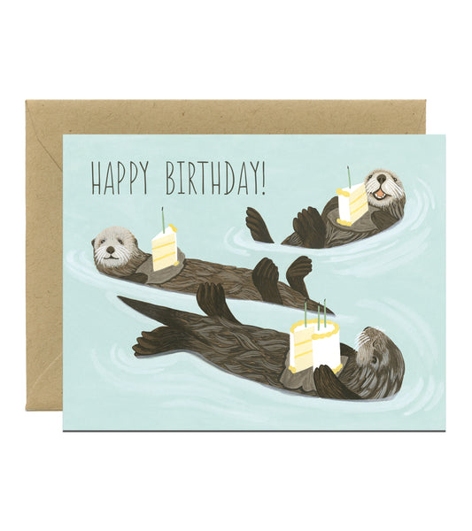 SEA OTTERS WITH CAKE - BIRTHDAY GREETING CARD