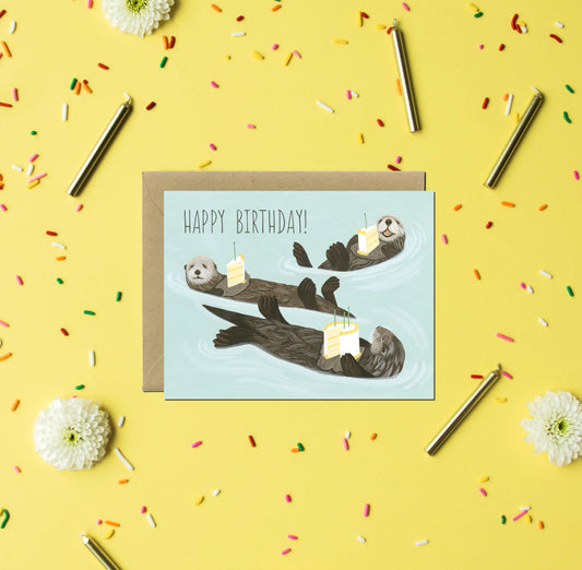 SEA OTTERS WITH CAKE - BIRTHDAY GREETING CARD