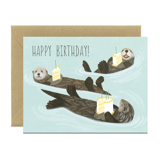 SEA OTTERS WITH CAKE - BIRTHDAY GREETING CARD