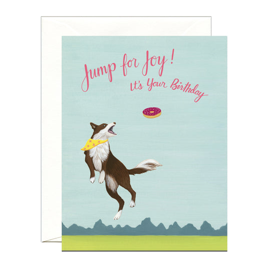 JUMPING DOG AND DONUT - BIRTHDAY GREETING CARD