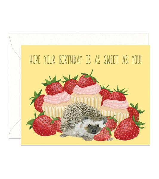 HEDGEHOGS WITH STRAWBERRIES AND CUPCAKES - BIRTHDAY GREETING CARD