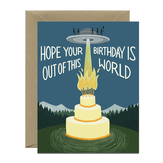 OUT OF THIS WORLD UFO, ALIENS AND CAKE - BIRTHDAY GREETING CARD