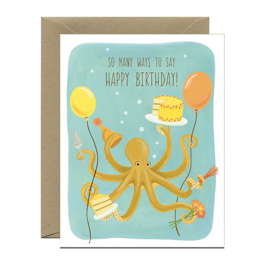 OCTOPUS, CAKE AND BALLOONS - BIRTHDAY GREETING CARD