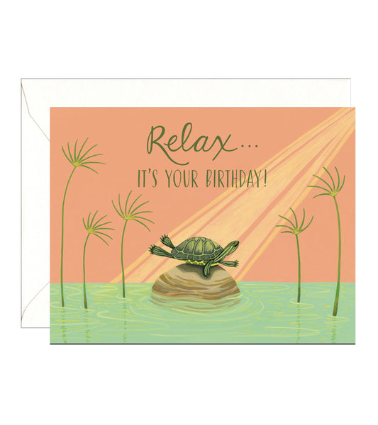 SUNBATHING TURTLE RELAXING - BIRTHDAY GREETING CARD