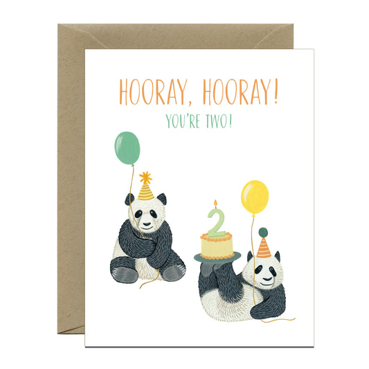 PANDAS, BALLOONS AND CAKE SECOND BIRTHDAY GREETING CARD