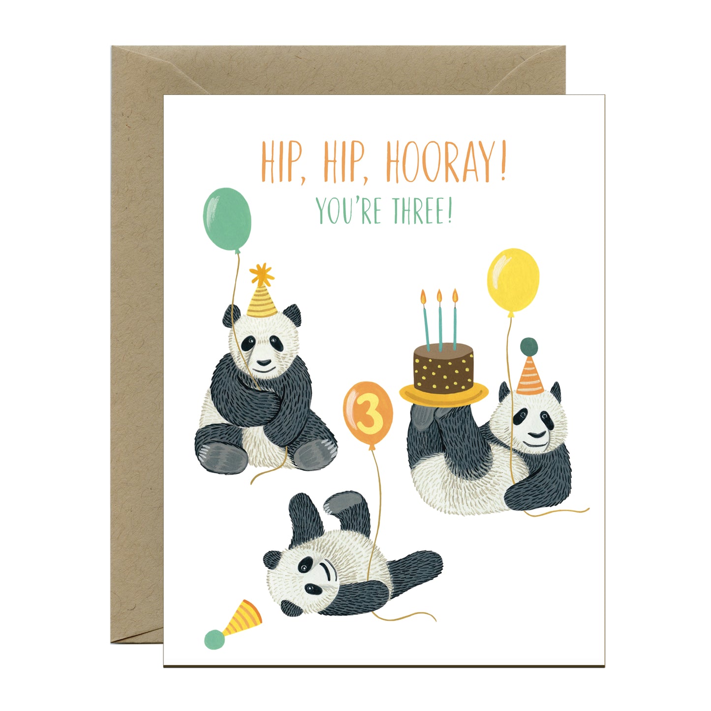 PANDAS, BALLOONS AND CAKE THIRD BIRTHDAY GREETING CARD