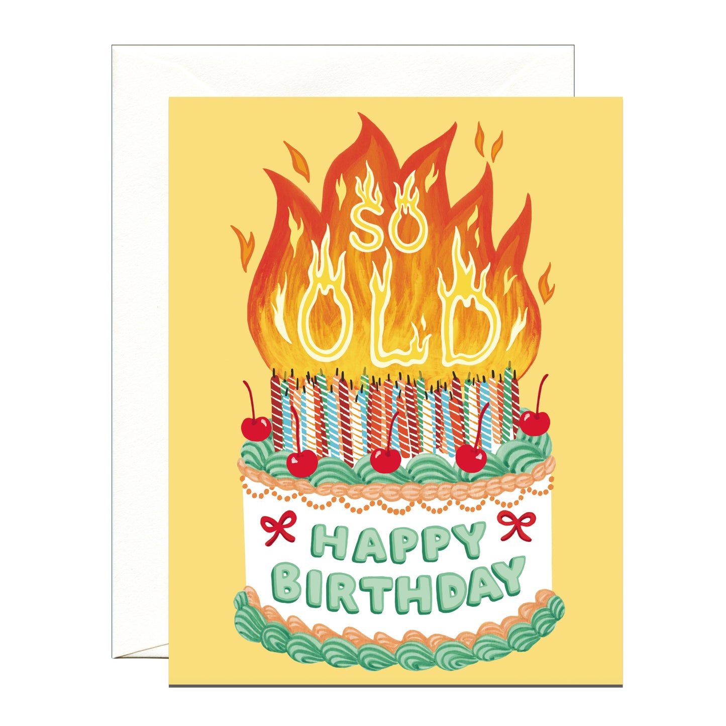 VINTAGE CAKE WITH TOO MANY CANDLES - BIRTHDAY GREETING CARD