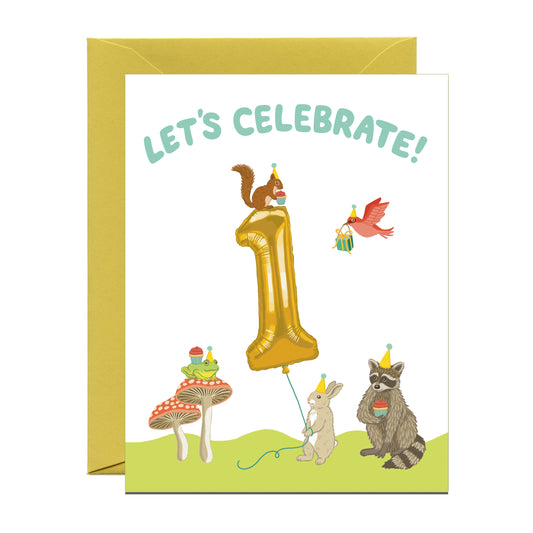 FOREST ANIMALS FIRST BIRTHDAY PARTY - GREETING CARD