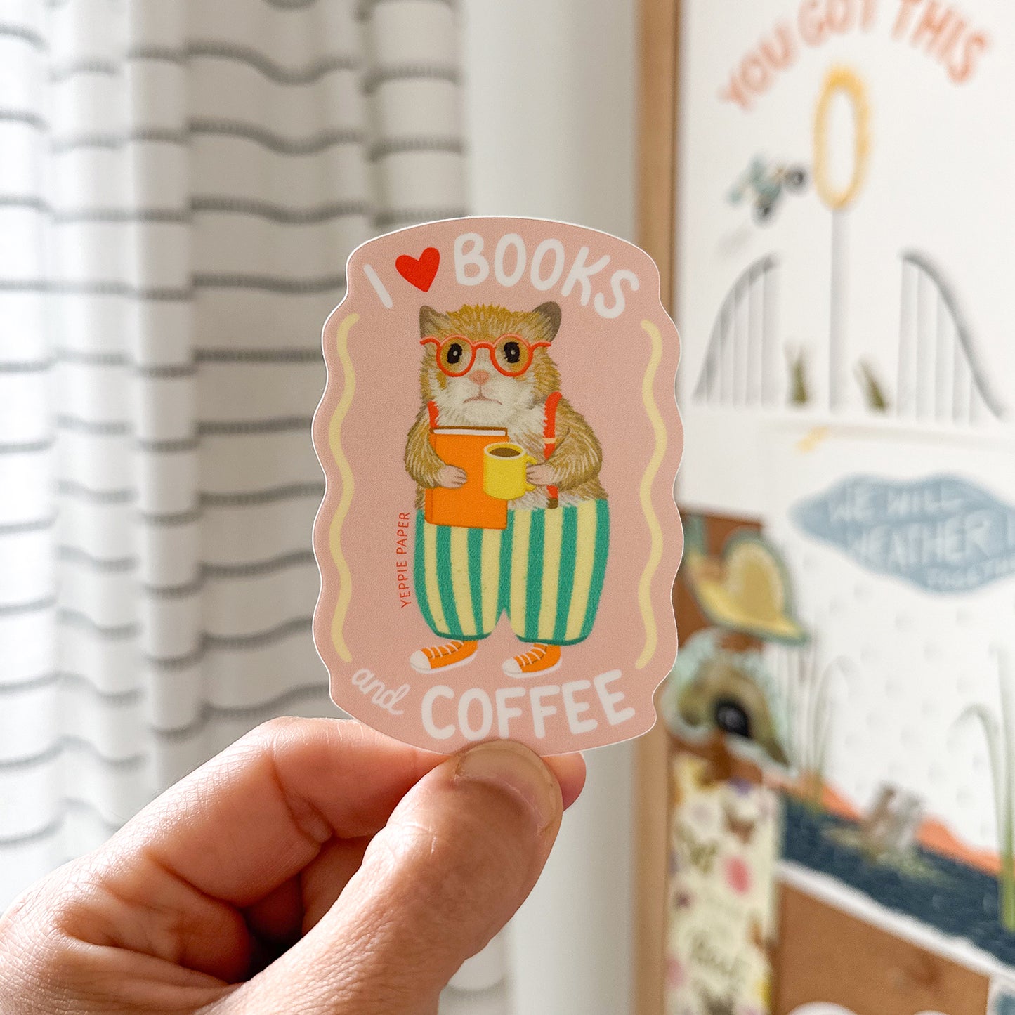 BOOKS AND COFFEE HAMSTER - DIE CUT STICKER