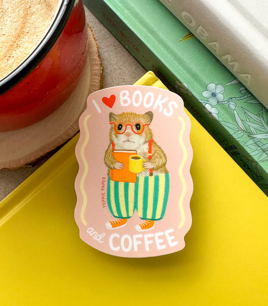 BOOKS AND COFFEE HAMSTER - DIE CUT STICKER