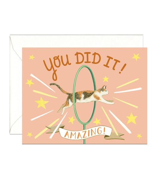 CAT JUMPING THROUGH HOOP - CONGRATULATIONS GREETING CARD