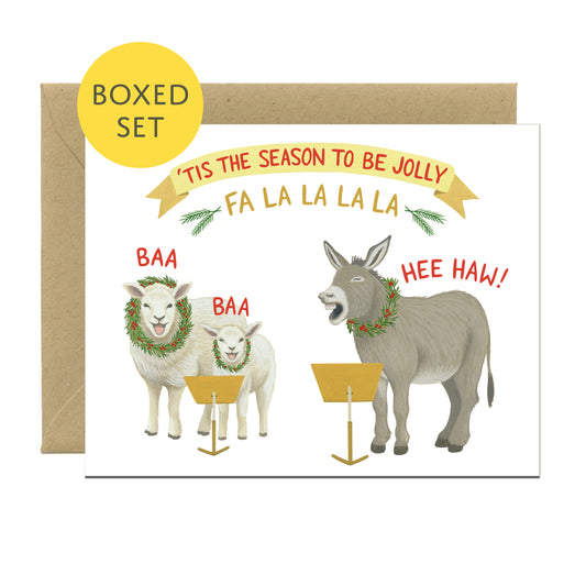 FA LA LA CAROLING DONKEY AND SHEEP - HOLIDAY GREETING CARDS, BOXED SET OF 8