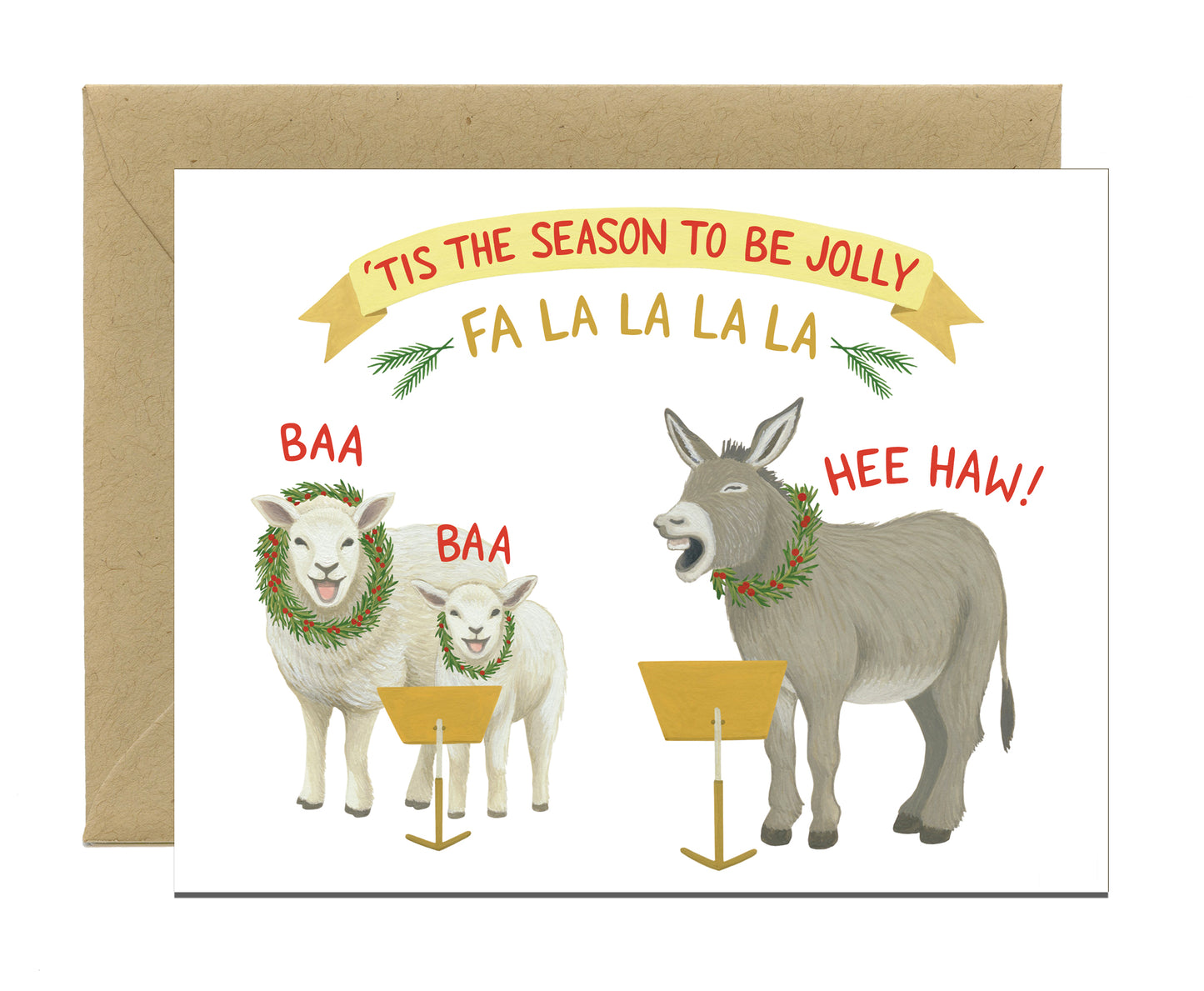 FA LA LA CAROLING DONKEY AND SHEEP - HOLIDAY GREETING CARD