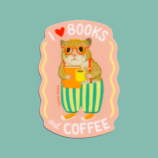 BOOKS AND COFFEE HAMSTER - DIE CUT STICKER