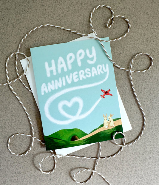 BUNNIES AND SKYWRITING AIRPLANE - ANNIVERSARY GREETING CARD