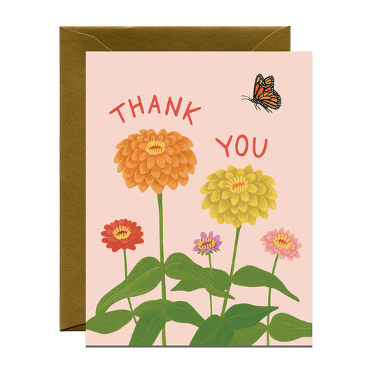 ZINNIA FLOWER AND MONARCH BUTTERFLY - THANK YOU GREETING CARD