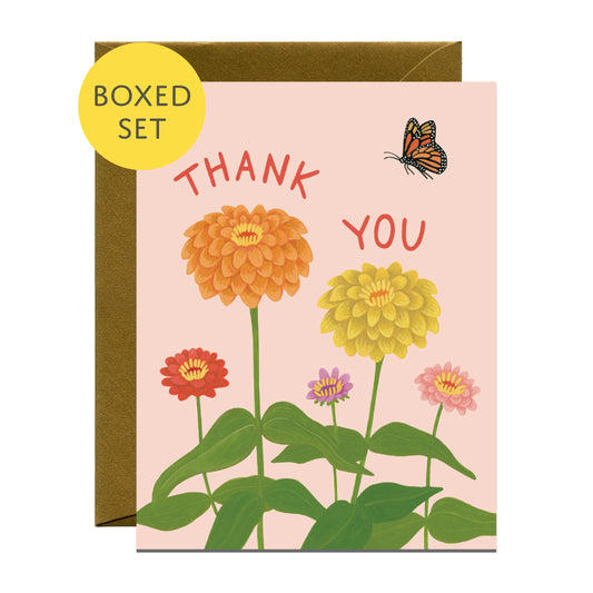 ZINNIA FLOWER AND MONARCH BUTTERFLY - THANK YOU GREETING CARDS, BOXED SET OF 8